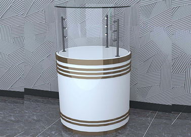 Wooden White Custom Glass Display Cases Fashion Round Shape With LED Pole Lighting
