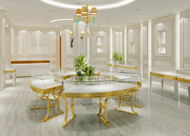 Gold Stainless Steel Retail Glass Display Cases Luxury Wood Combined With Mirror