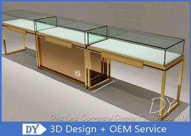 Modern Gold Stain Steel Commercial Jewelry Display Cases With LED Gold + White Color