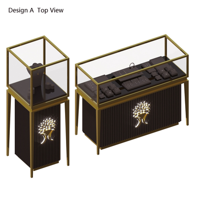 Brush Golden Stainless Steel Custom Jewelry Showcase Match Black Wooden Storage With Lighting