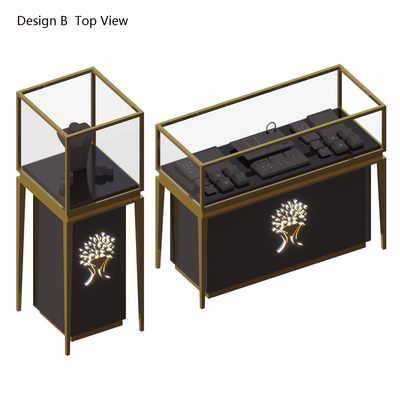 Brush Golden Stainless Steel Custom Jewelry Showcase Match Black Wooden Storage With Lighting