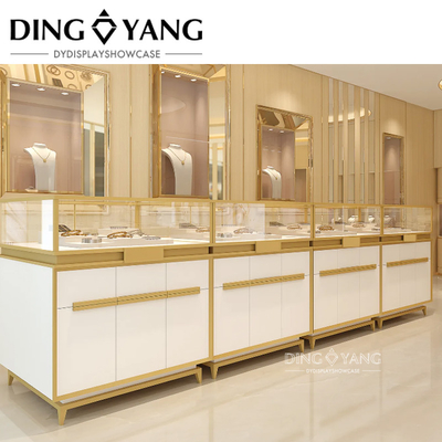 Custom Made Fashion Golden White Retail Jewellers Display Counters , Retail Jewellery Display Counter , Fitted With LED