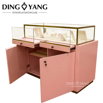 Fashion Nice Pink Wooden Jewellery Showroom Counter With Locking Bottom Cabinet