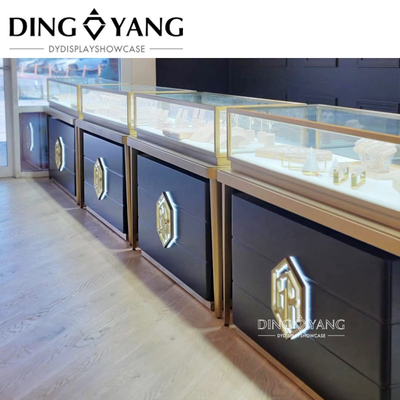 Custom Made Fashion Black Golden Jewelry Counter , Jewelry Counter Furniture With Low Power Consumption Lights Systems