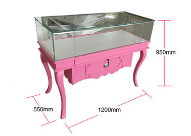 Matte Pink Color Wood And Glass Display Cabinet With Small Drawers