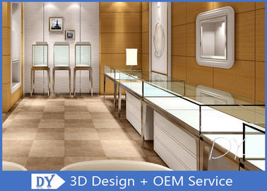 Brush Gold Stainless Steel Jewelry Counter Design With Wood Cabinet