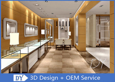 Brush Gold Stainless Steel Jewelry Counter Design With Wood Cabinet